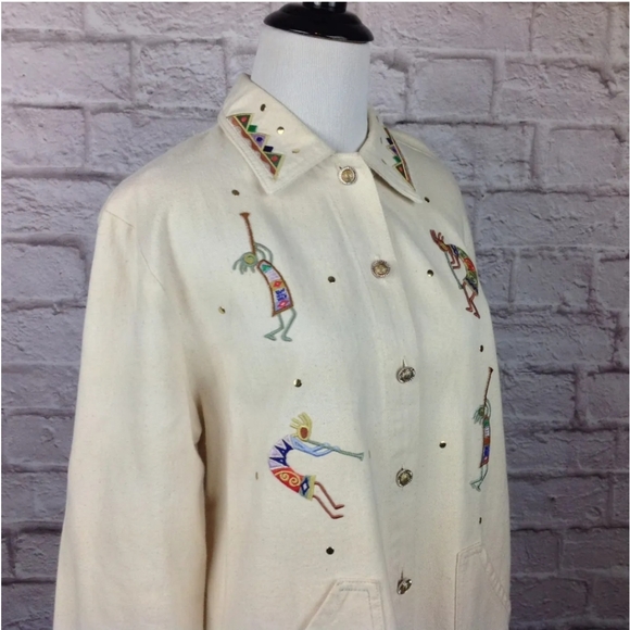 Cactus Jacket Western  Women Large Button Ivory Embroidered Embellished Pockets - Picture 8 of 17